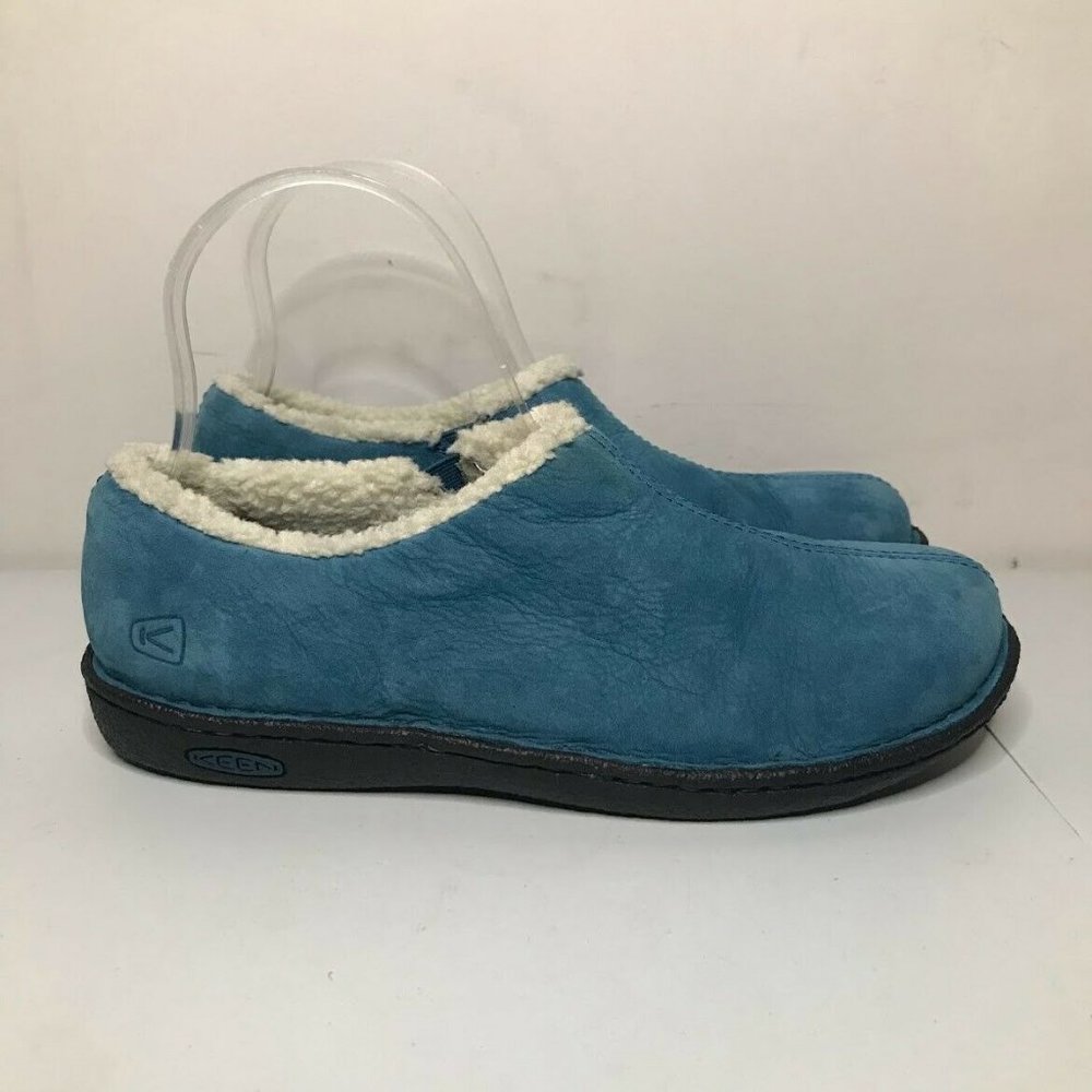 Keen Galena Women's 7.5 Blue Suede Shearling Trim Slip On Comfort Slippers
